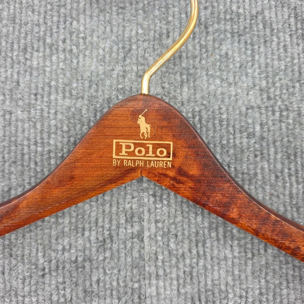 Polo Ralph Lauren Wishbone Wooden Suit Hanger Brown Gold Clips 14.5 in